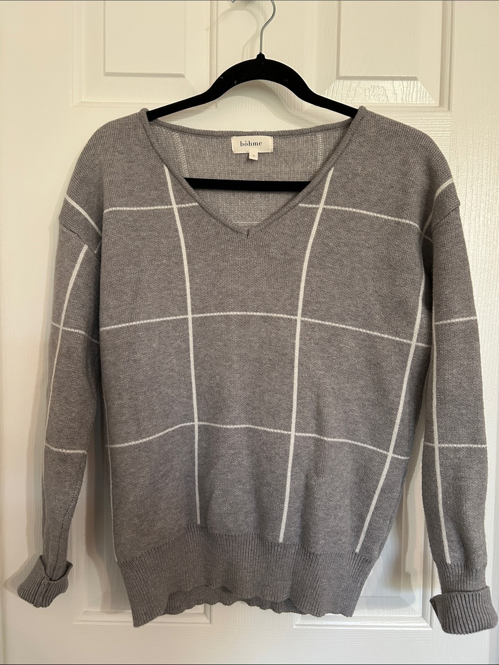 bohme Gray V-Neck Windowpane Sweater with White Grid